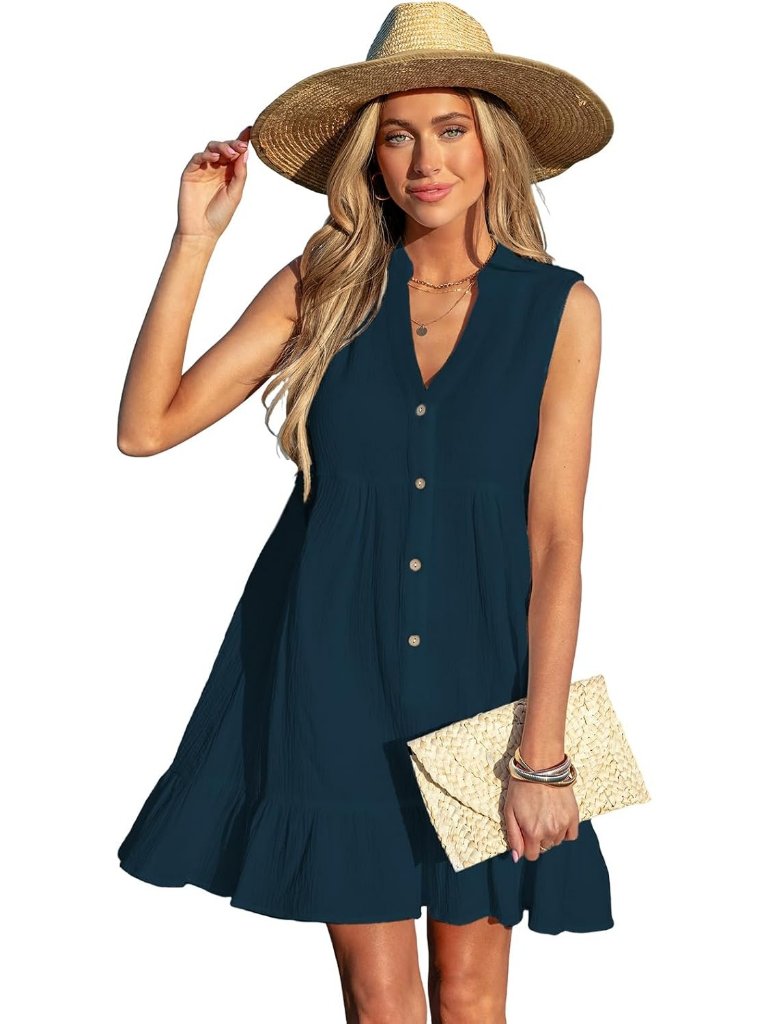 Womens Navy Blue Cotton Swimsuit Coverup Beach Cover Up Button Down Ruffle Hem